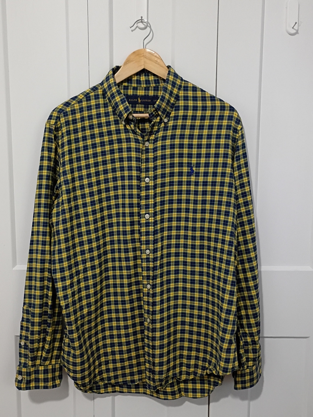 2000s Ralph Lauren Yellow & Navy Plaid Button-Down Shirt Sz LG